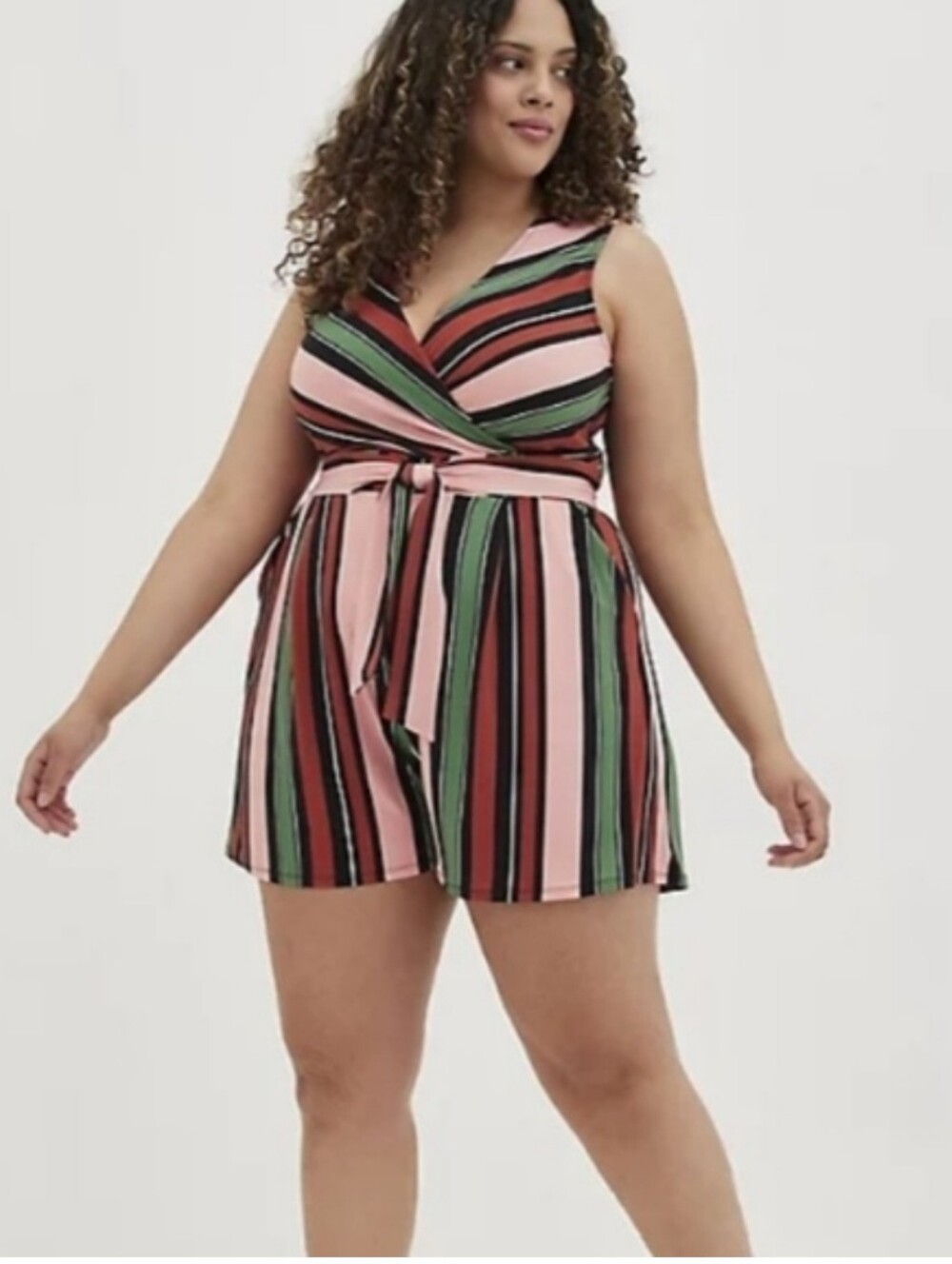 Torrid Plus Size 4x: Stripe Surplice V-Neck Sleeveless Romper: Pink, Green Black